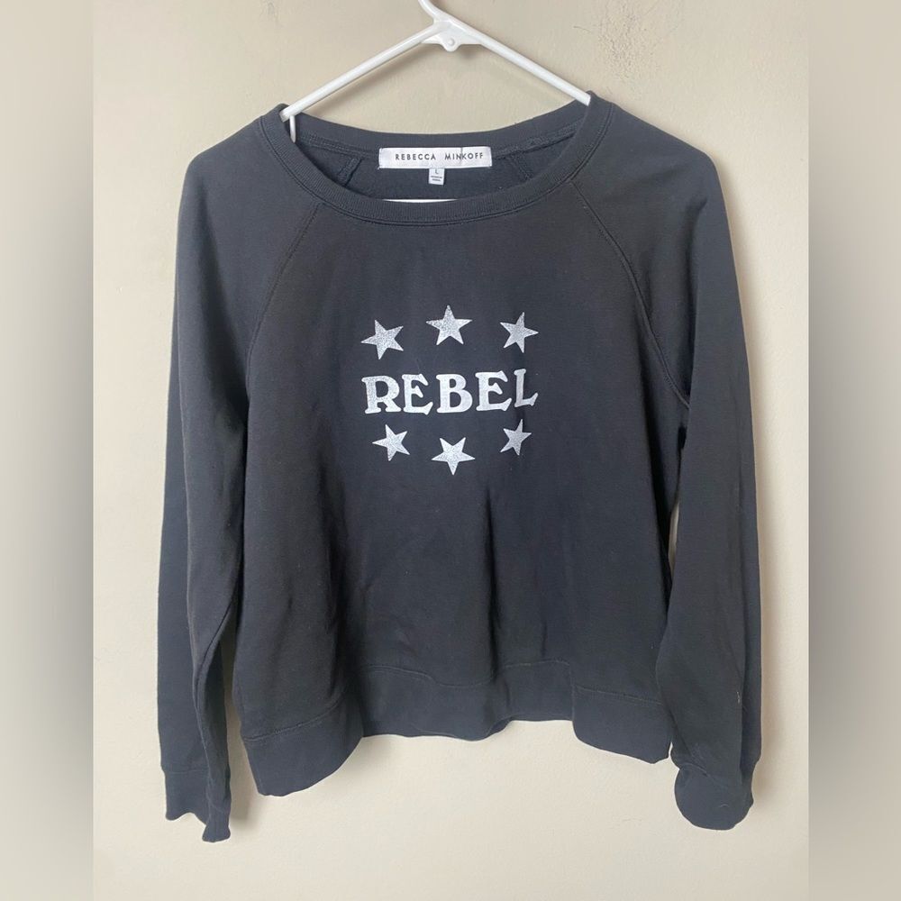 Rebecca Minkoff Rebel Print Pullover Black Sweatshirt sz L - Picture 2 of 4